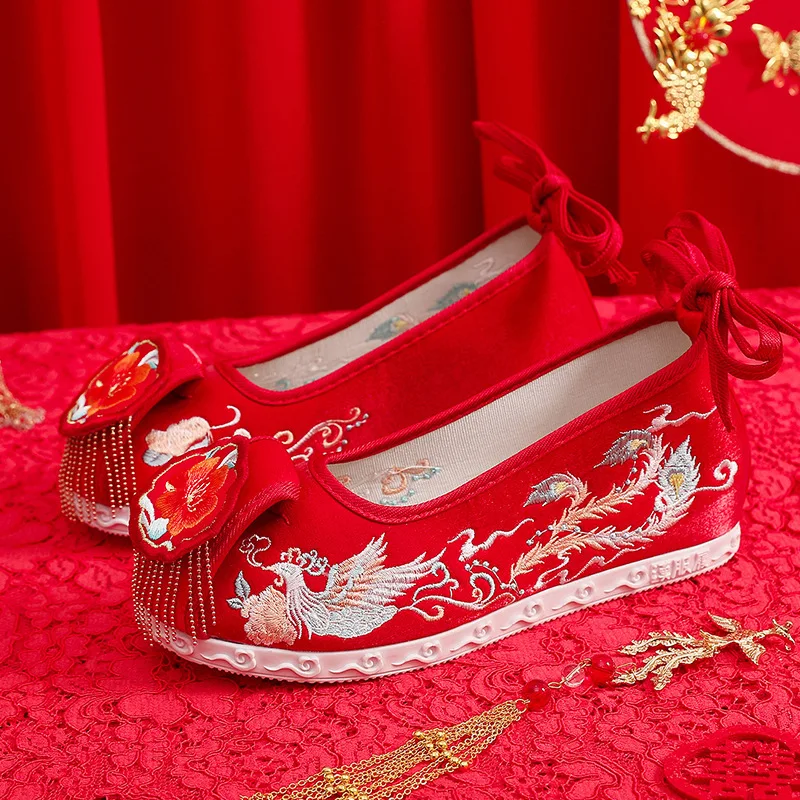Buty ślubne Jinfeng Damskie wiosenne nowe chińskie tosty Czerwona płaska sukienka Xiuhe