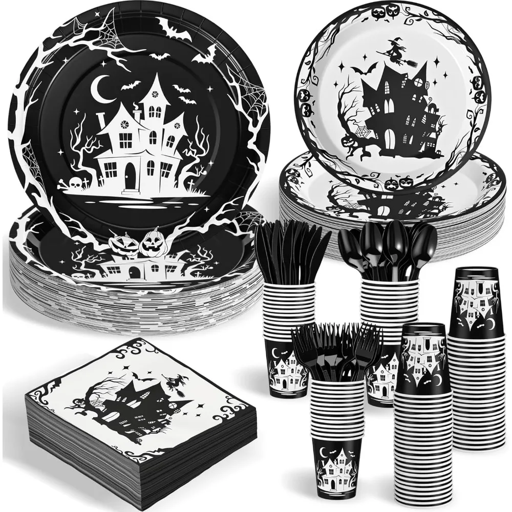 

Maxdot 500 Pieces Halloween Party Essentials: Spooky House Theme Plates, Cups, Napkins, and Cutlery Set for Disposable Tableware