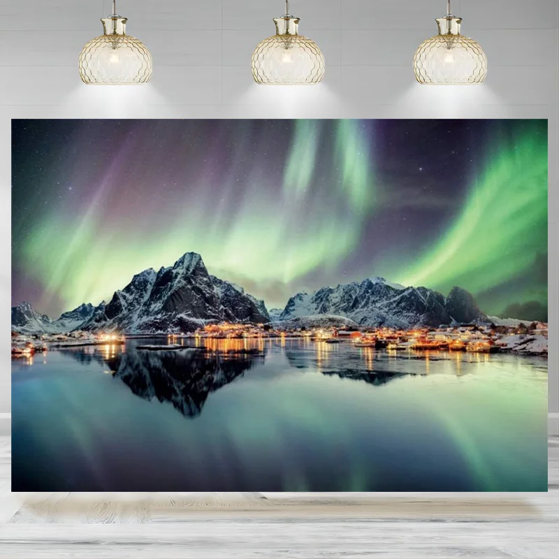 Aurora Borealis Backdrop Landscape Sea Mountains Polar Lights Starry Sky Background Photography Vacation Holiday Travel Banner