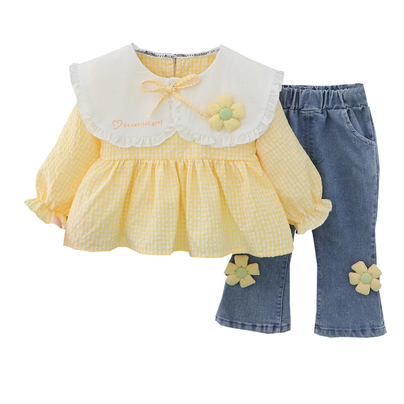 Baby Girls Clothing Sets 2022 Autumn Kids Outfits Toddler Infant Lace Floral Tops Jeans 2 Pcs Suit Children Princess Clothes