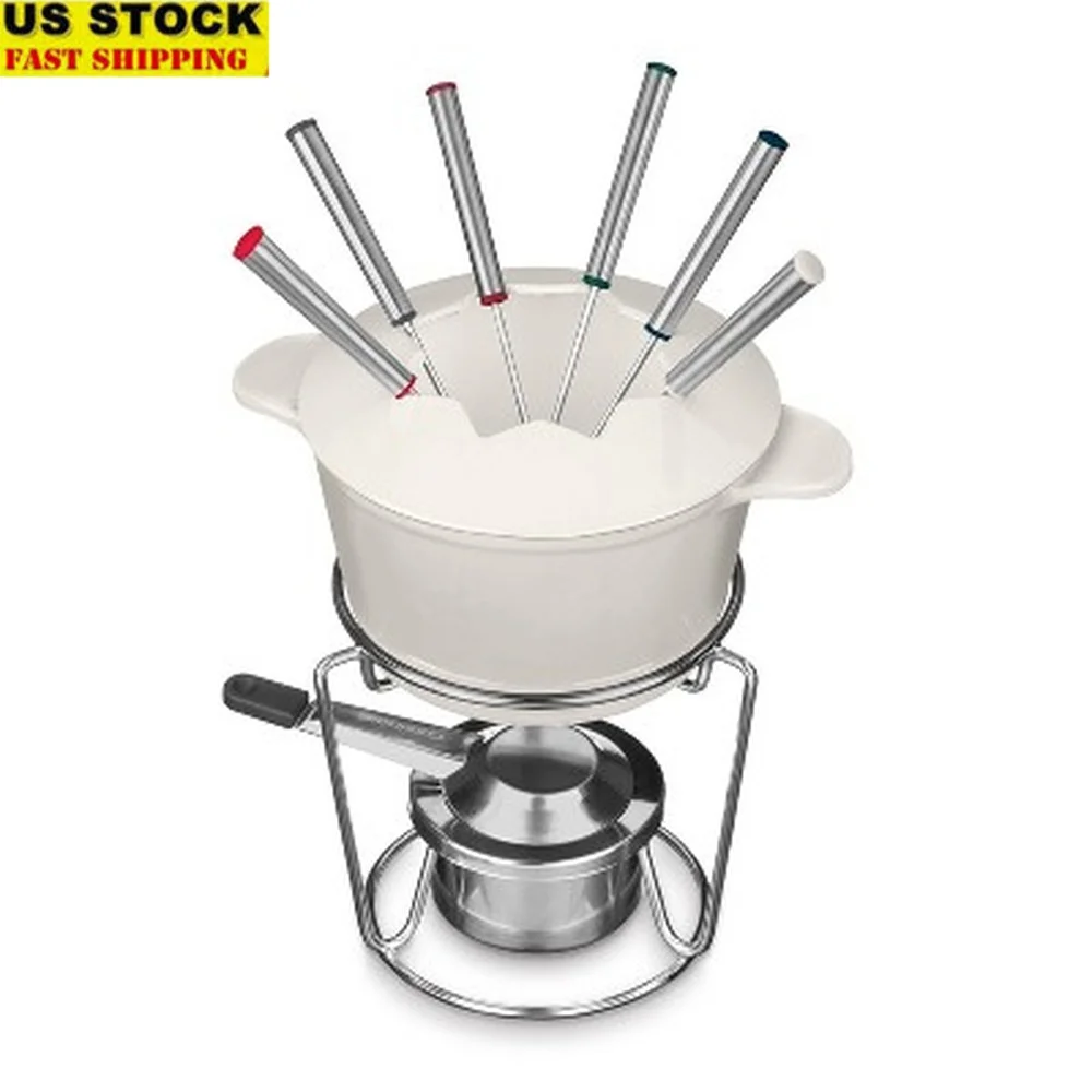 

1.5qt Cast Iron Fondue Maker Non Electric Set Skewers Ceramic Bowl Induction Ready Dipping Pot Easy Entertaining Indoor Outdoor