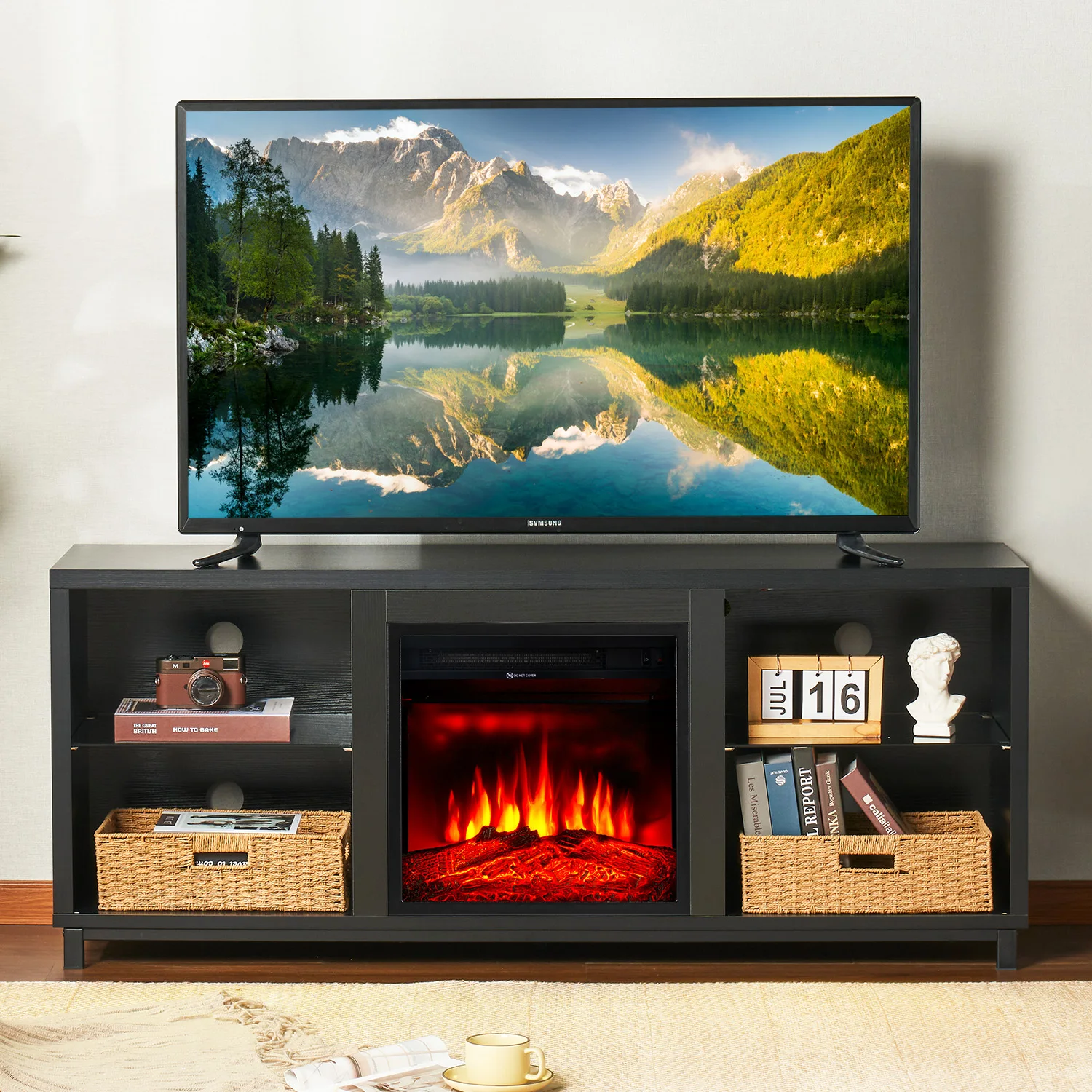 Electric Fireplace TV Stand with Adjustable Glass Shelves, 3D Fireplace TV Stand Wood Storage Cabinet Table for TV up to 65