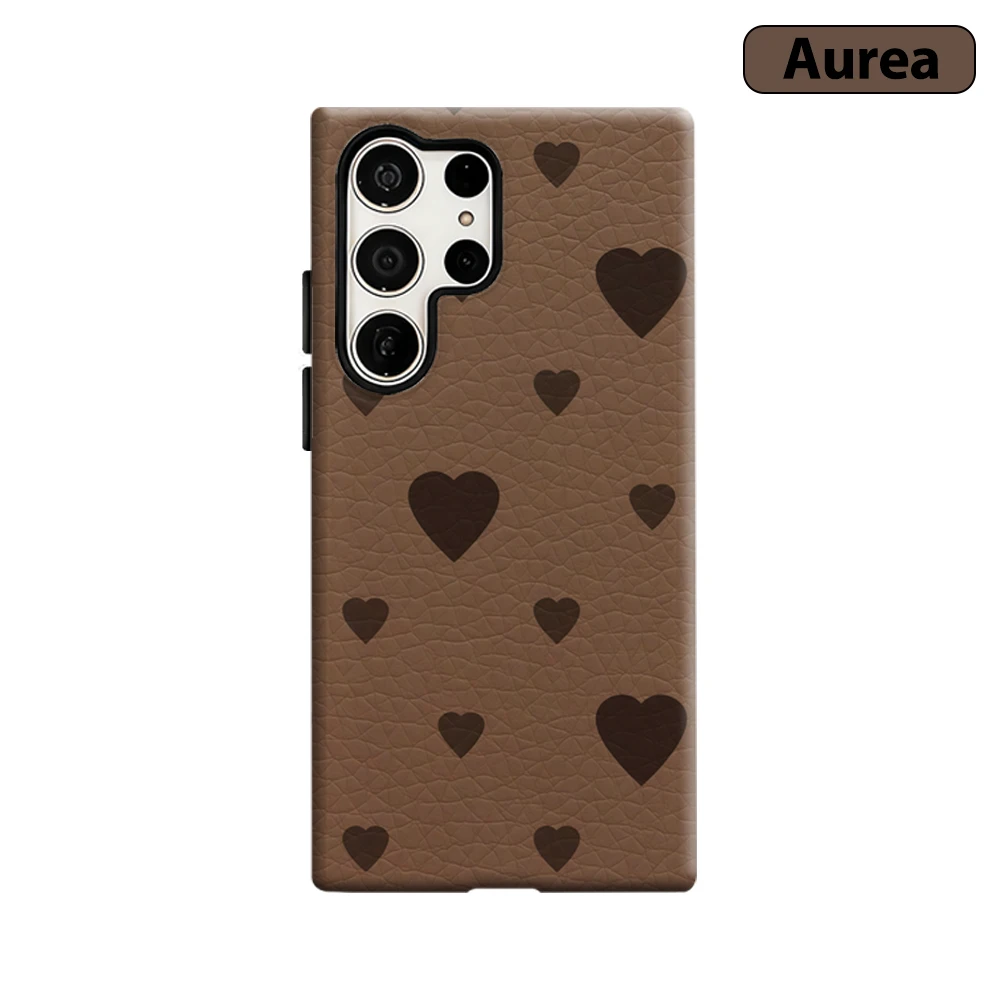 Leather Texture Brown Heart Phone Case for Samsung Galaxy S25 Ultra S24 S23 Ultra Plus Shockproof Double Layer Tough Back Cover