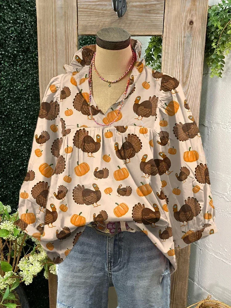 Turkey Pumpkin Print Shirt Women Thanksgiving Pleated Puff Sleeve Blouse Thankful Grateful Blessed Fall  Top