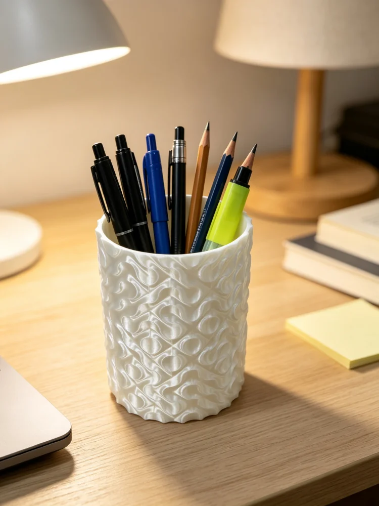 3D Printed Pla Wave Texture Pen Holder, White Ripple Embossed Desktop Organizer, High Aesthetic Decorative Pen Holder, Desktop Pen Storage Container, Multifunctional Stationery Organizer, Desktop Pen Holder, Pencil Holder, Desktop Pen Cup, Suitable for Office, School, Home, Study Room, Teacher's Desk, Laboratory Workbench, Minimalist Modern Style Desktop Decoration, Tidy Desktop Storage Box, Study Room Desktop Accessories, Dual-Purpose Storage and Decoration