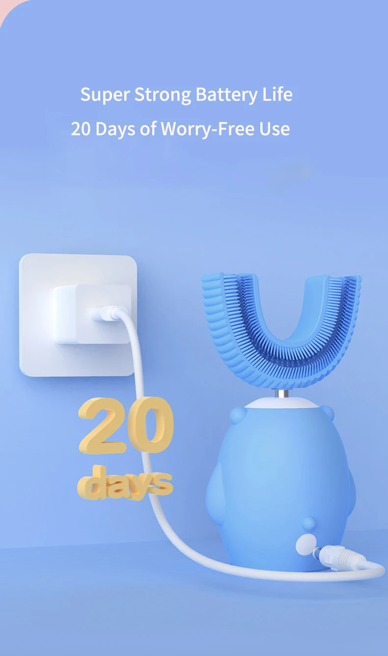 360 Grad automatische U-Form Kinder elektrische Zahnbürste wiederauf ladbare Smart Kids Sonic Zahnbürste Silikon Cartoon blaues Licht – Detail 8
