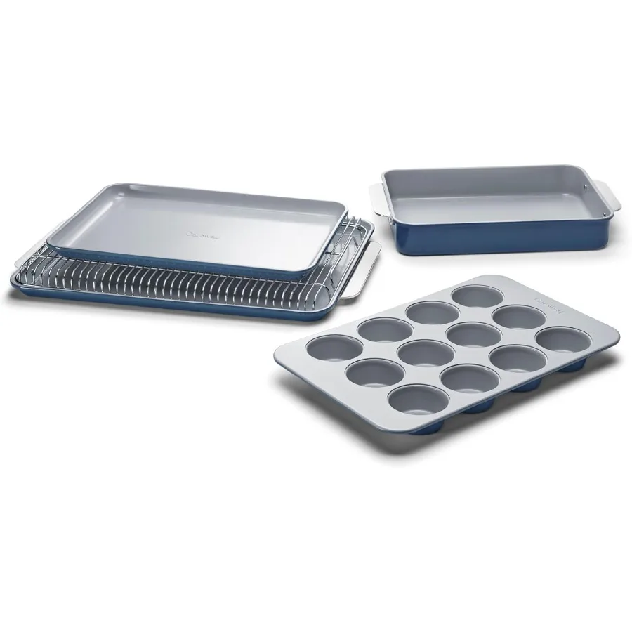 

Nonstick Ceramic Bakeware Set 5 Pieces Baking Sheets Assorted Baking Pans and Storage Aluminized Steel Body Non Toxic PTFE and