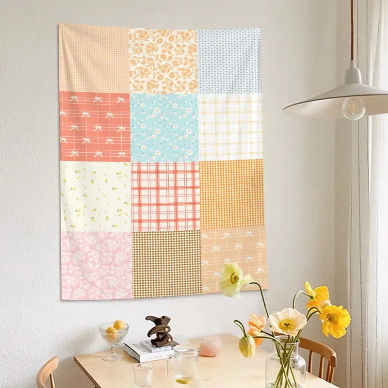 VIKAMA Pastel Plaid Floral Wall Tapestry Patchwork Print Wall Hanging Cottagecore Dorm Bedroom Home Wall Decor