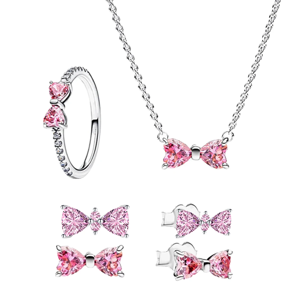 새로운 925 실버 반지 핑크 지르콘 빛나는 활 로즈 넥타이 세트 반지 귀걸이 팔찌 목걸이 원래 DIY 여성 파인 쥬얼리 선물