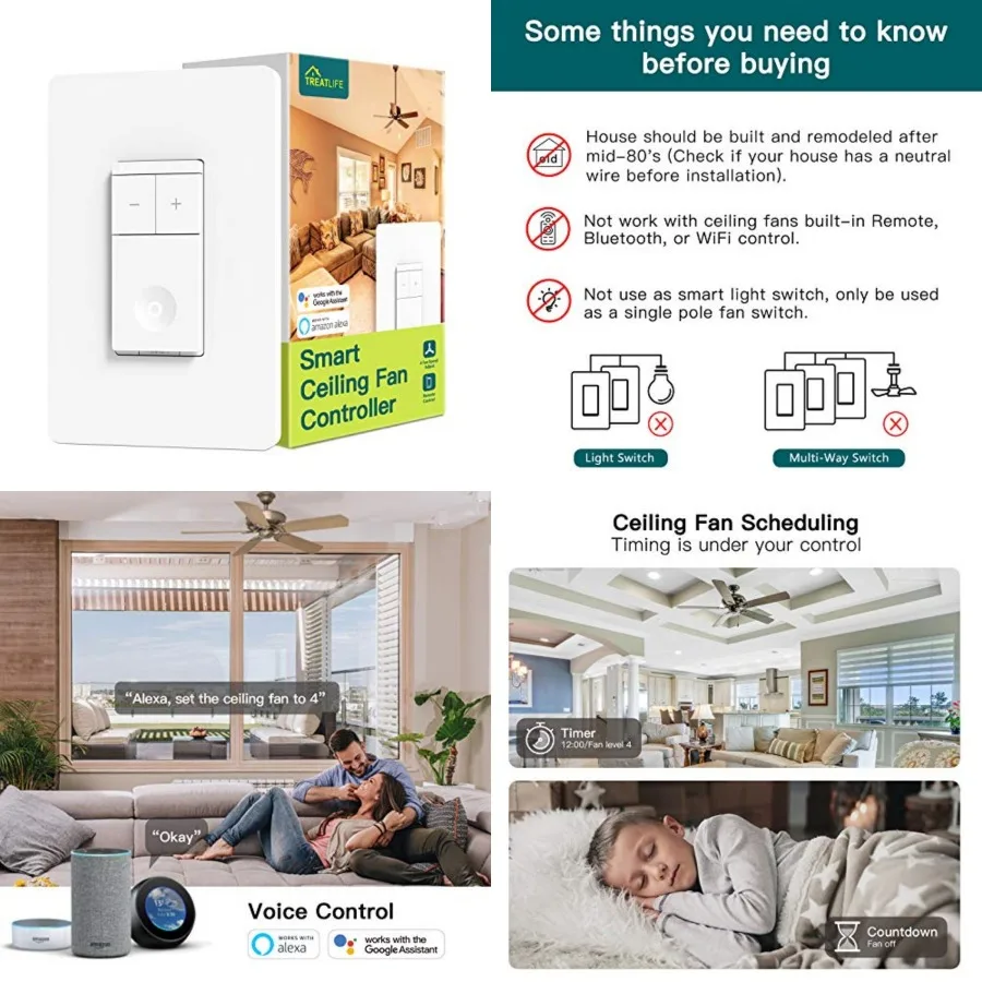 

TREATLIFE Smart Fan Switch, 4 Speed Fan Switch for Ceiling Fan, Neutral Wire Required, 2.4GHz WiFi Smart Ceiling Fan Control Wo