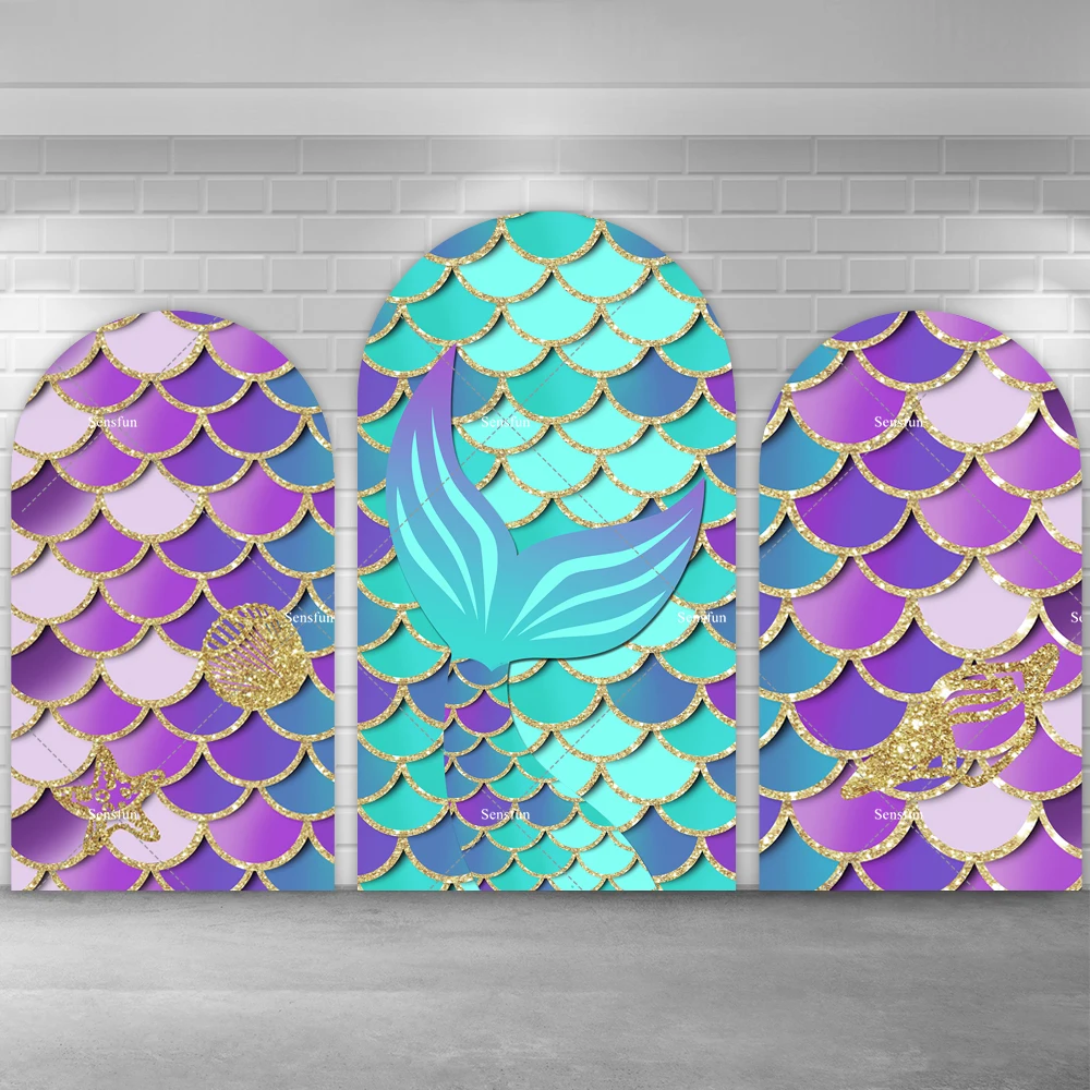 Little Mermaid Arch Backdrop Girls Birthday Party Chiara Wall Party Decoration Purple Mint Fish Scales Arched Background Custom