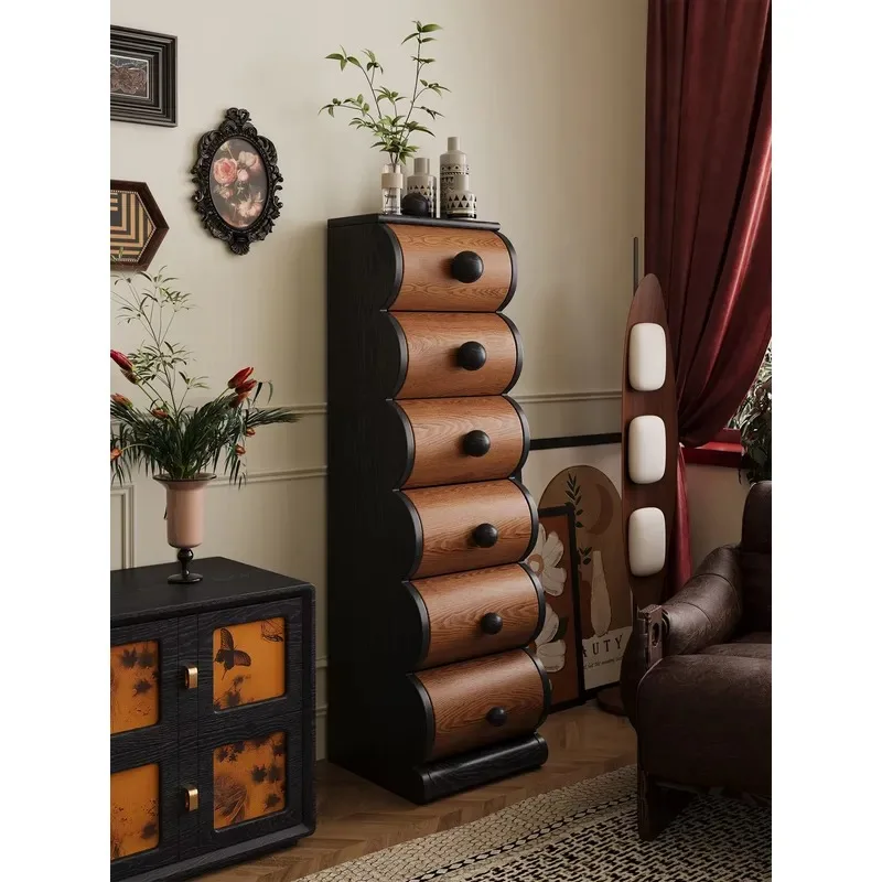 Vintage Medieval Style 5 Drawer Solid Red Oak Locker for Living Room, Wall Mounted, Retractable, Fully