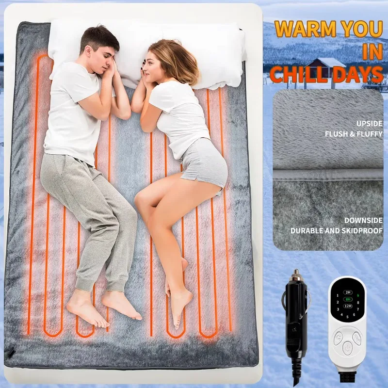 Stock Car 12V Flannel Heated Mattress Electric Blanket 9 Heating Levels Temperature Control Machine Washable Plug Polyester