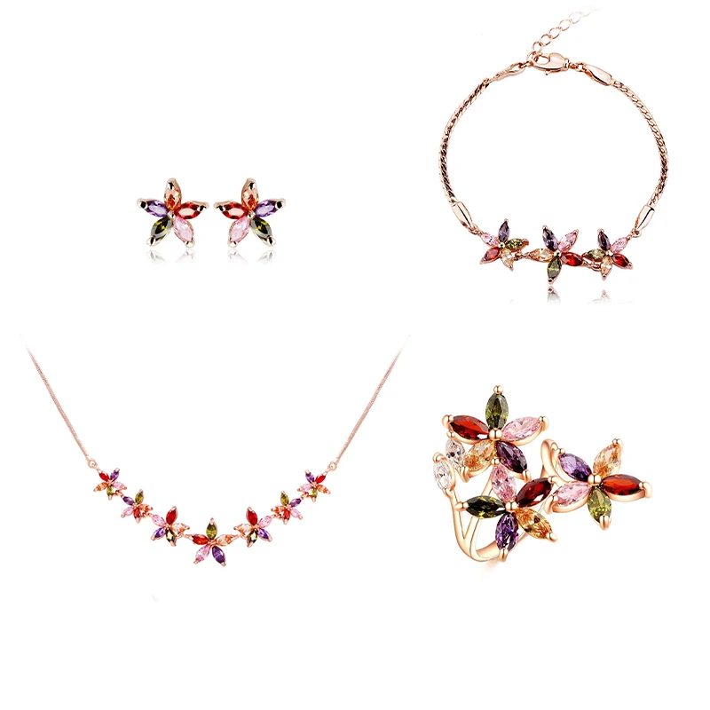 GMGYQ Classic Fashion Charming Rose Gold Color 5-Petal Flower Colorful Zirconia Sets for Lovely Girls Sweety Jewelry Gift