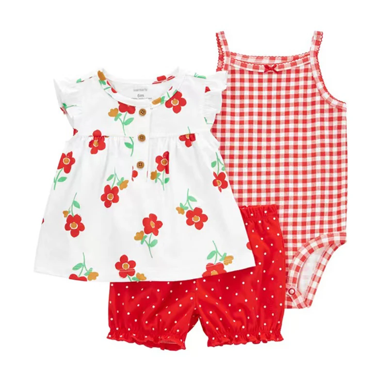 Conjunto de ropa de verano para niñas pequeñas, trajes infantiles de algodón con flores, mono de manga corta, pantalones cortos, ropa de 3 piezas