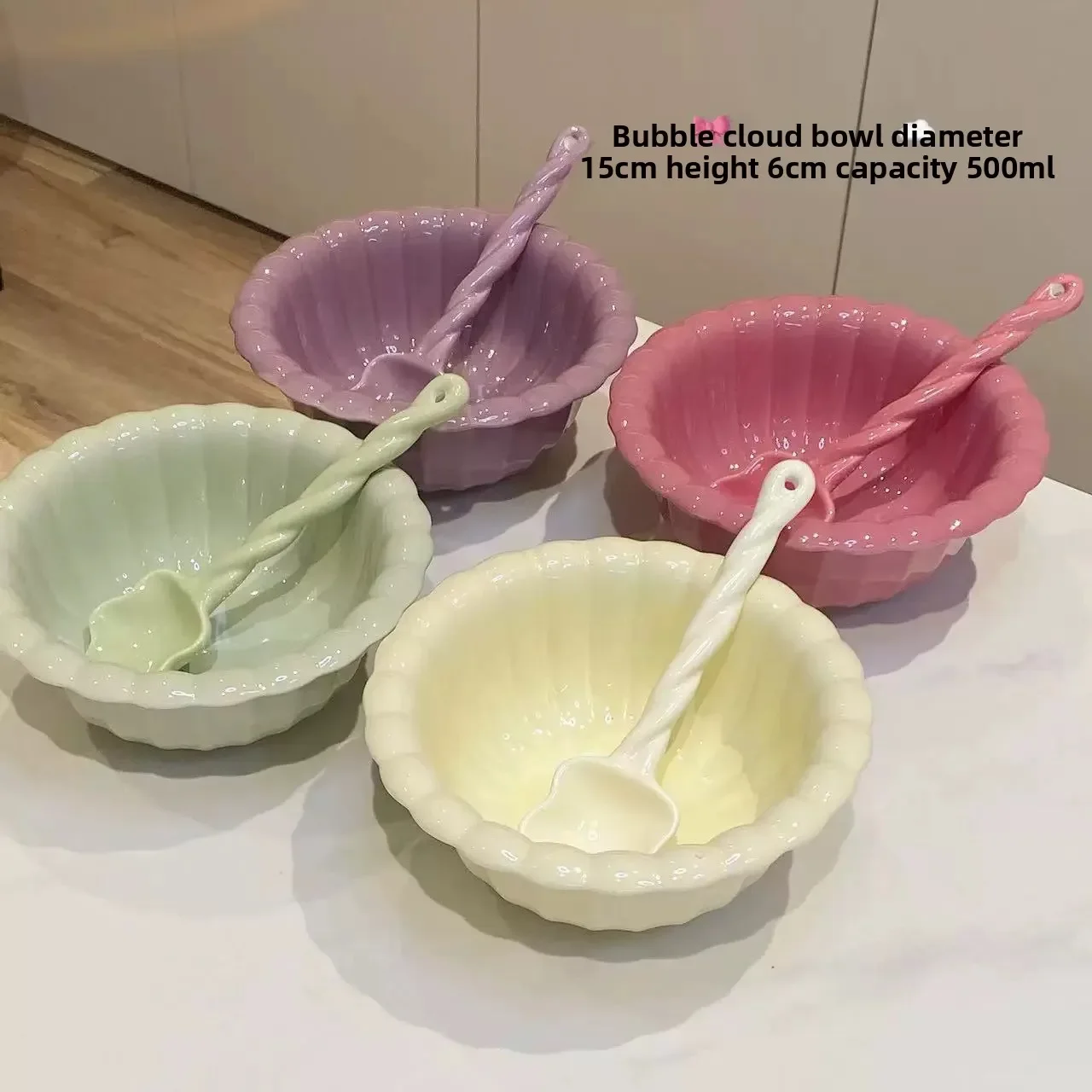 Ceramic Bowl Set with Spoon Cream Style Home Use High Aesthetic Value Cute Salad Bowl Dessert Fruit Soup Bowl Large Diameter