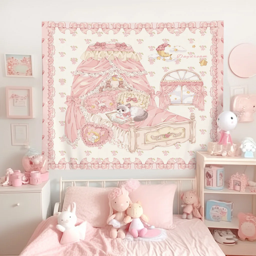 Kawaii Wohnkultur Wandbehang Tapisserie Anime Rosa Mädchen Tapisserie Wand Schlafzimmer Hintergrund Dekor Nette Mode Dame Wandteppiche