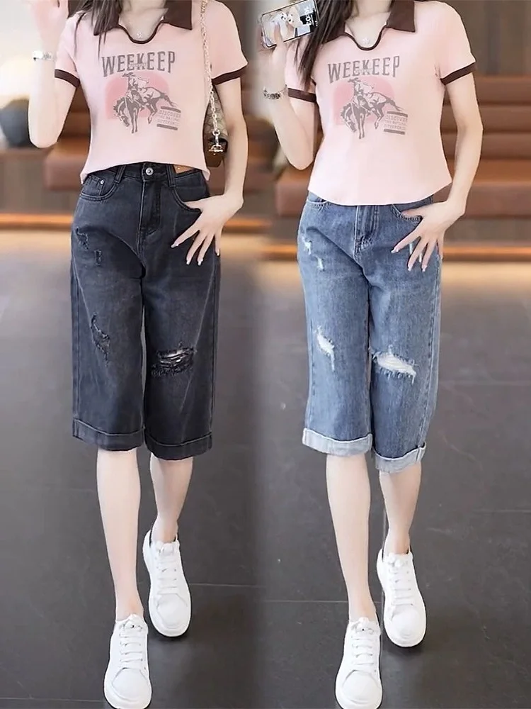 

High Waist Straight Leg Jeans orts for plus Size Women Summer Thin Model Pear aped Body Slimming Hole Seven Inch Pants