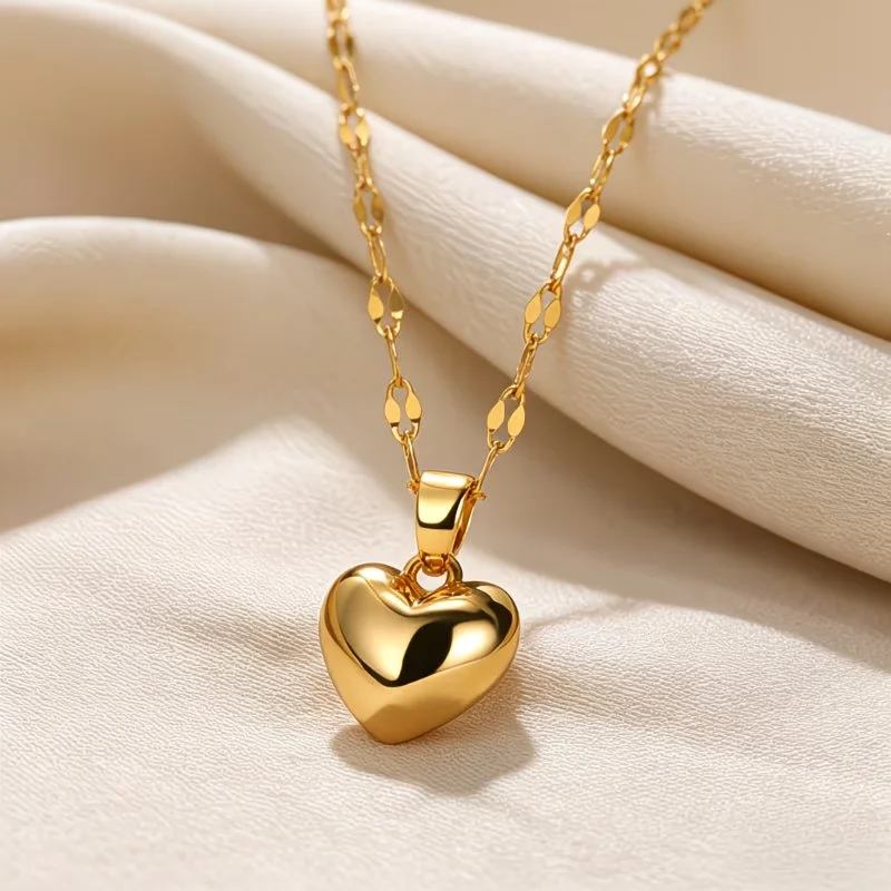 1pc 3D Heart Pendant Necklace Stainless Steel Elegant Puffy Heart Charm Necklace Versatile Jewelry for Daily Wear