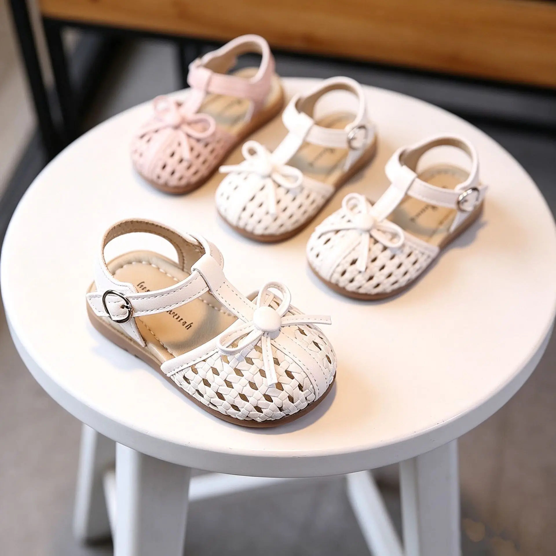 

Kids'Casual Shoes Sandals Bow PU Leather Fashion Summer Flat Bottom Shoes For Girls Anti-slip White Pink Shoes Size 16-26