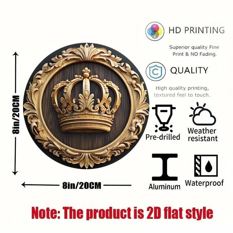 Crown Theme Round Aluminum Wall Decor Sign, 2D Flat Print, for Bar, Kitchen, Coffee Shop, Home, Office, Party Decoration