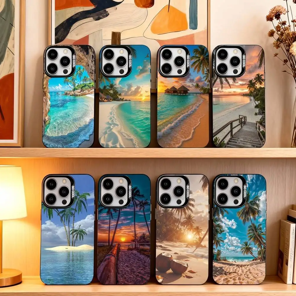 

Sea Tropical Palm Trees Beach Phone Case For iPhone17,16,15,14,13,12,11 Plus,Pro Max Black Candy silver phone case