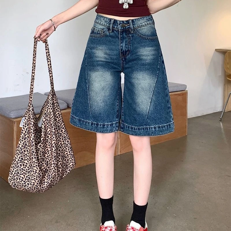 

American All Match High Waist Simple Short Pants Y2k Aesthetic Knee Length Wide Trouders High Street French Women Jeans