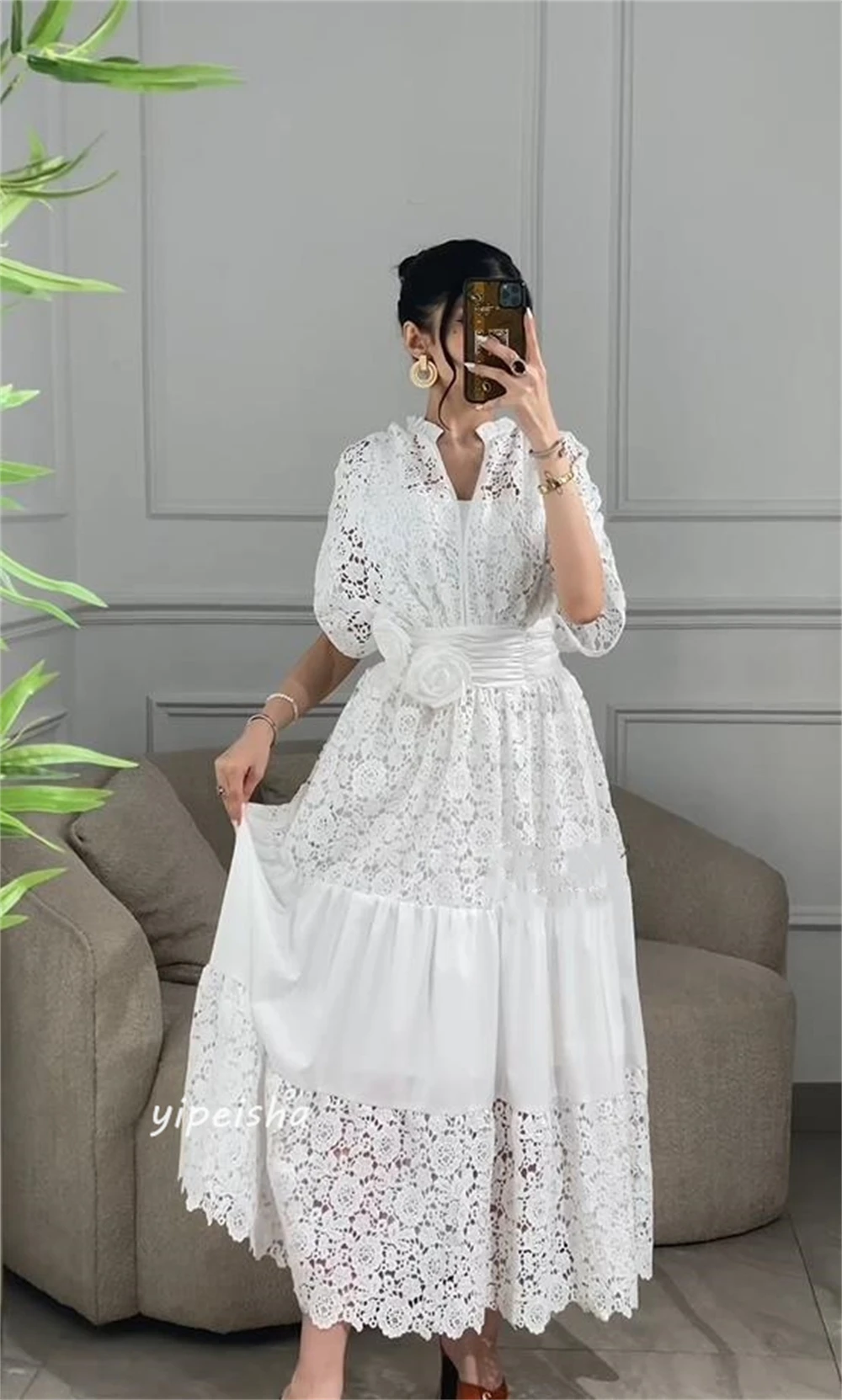 Robe de Rhen dentelle d'Arabie saoudite avec ceintures à fleurs, robes mi-longues pour occasions d'anniversaire, robe trapèze, col en V, sur mesure