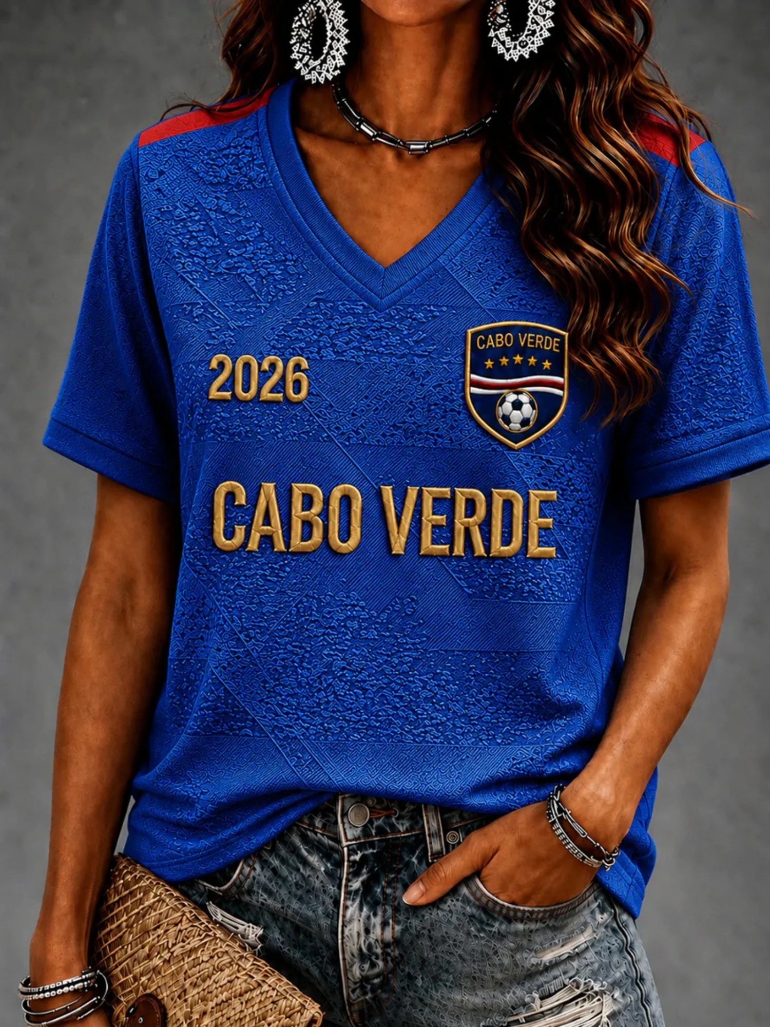 Cape Verde Women's V-neck Football T-shirt 2026 Island Glory Pattern Casual Short Sleeve Summer Top Badge Details Loose Fit Sui
