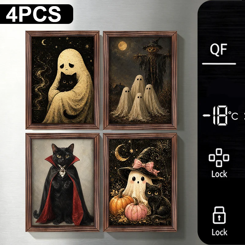 4Pcs Wooden Ghost Fridge Magnet Decor, Vintage Oil Painting Ghost Black Cat Scarecrow Printed Magnetic Buckle, Halloween Square