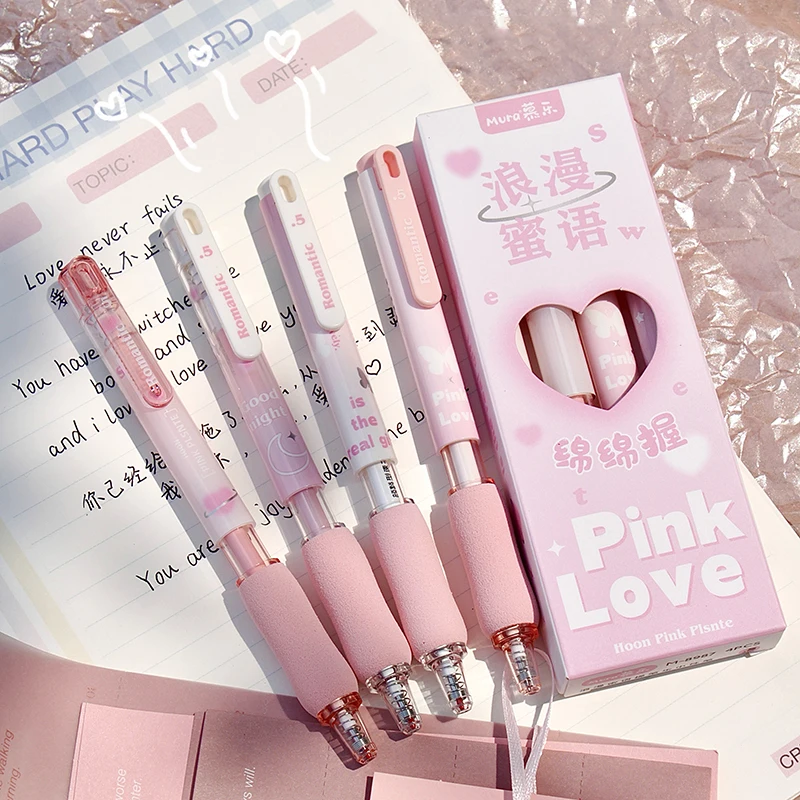 4Pcs/Set Pink Love 0.5MM Gel Pen For Students Soft Touch Gel Ink Pen Quick Drying Writing Pen School Office Stationery Supplies