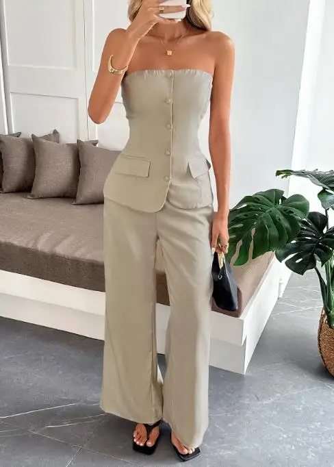 미니멀리스트 스타일 여성 캐미솔 베스트 & 스트레이트 팬츠 세트 2025 가을 겨울 고급 여성 우아한 투피스 의상