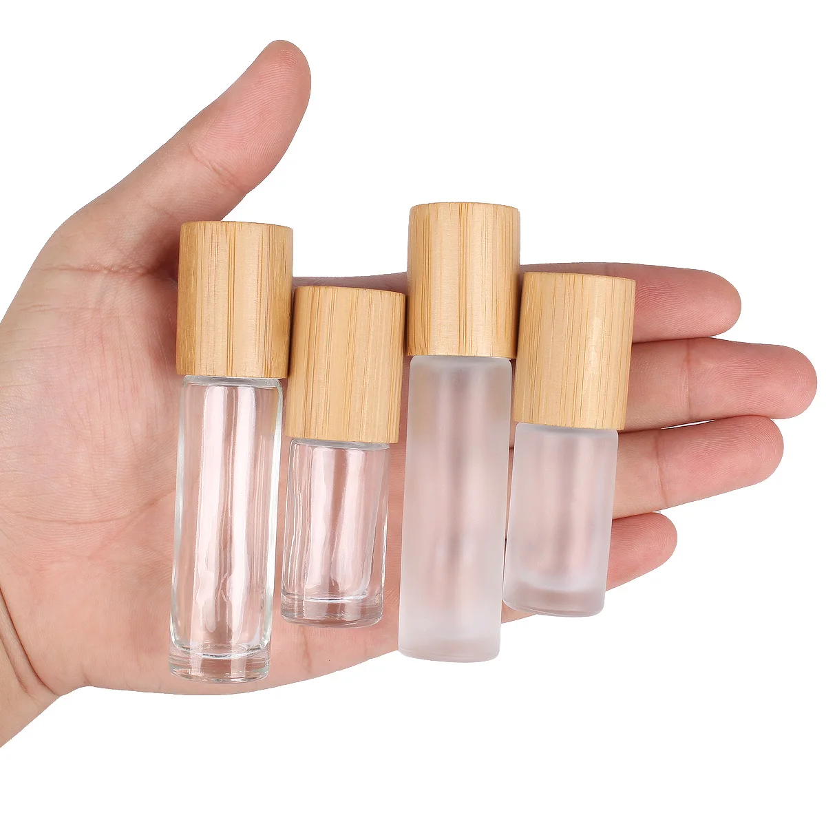 6/12/24pcs 5ml/10ml Portable Glass Roll on Refillable Bottle for Essential Oil with Stainless Roller and Bamboo Lid Perfume Vial