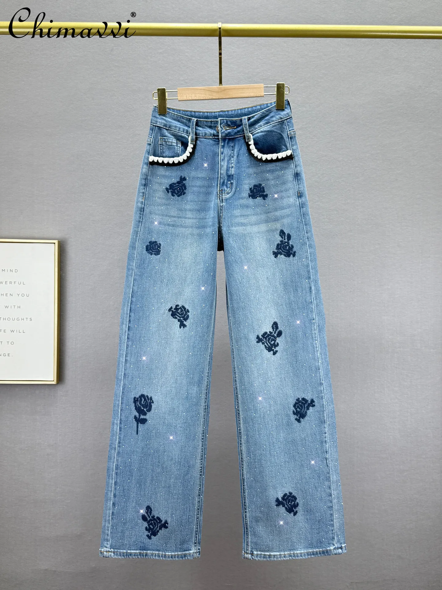 

Heavy Embroidery Rhinestone Denim Straight Pants Women Spring Fashion High Waist Loose Slim Retro Distressed Floor-Length Pants