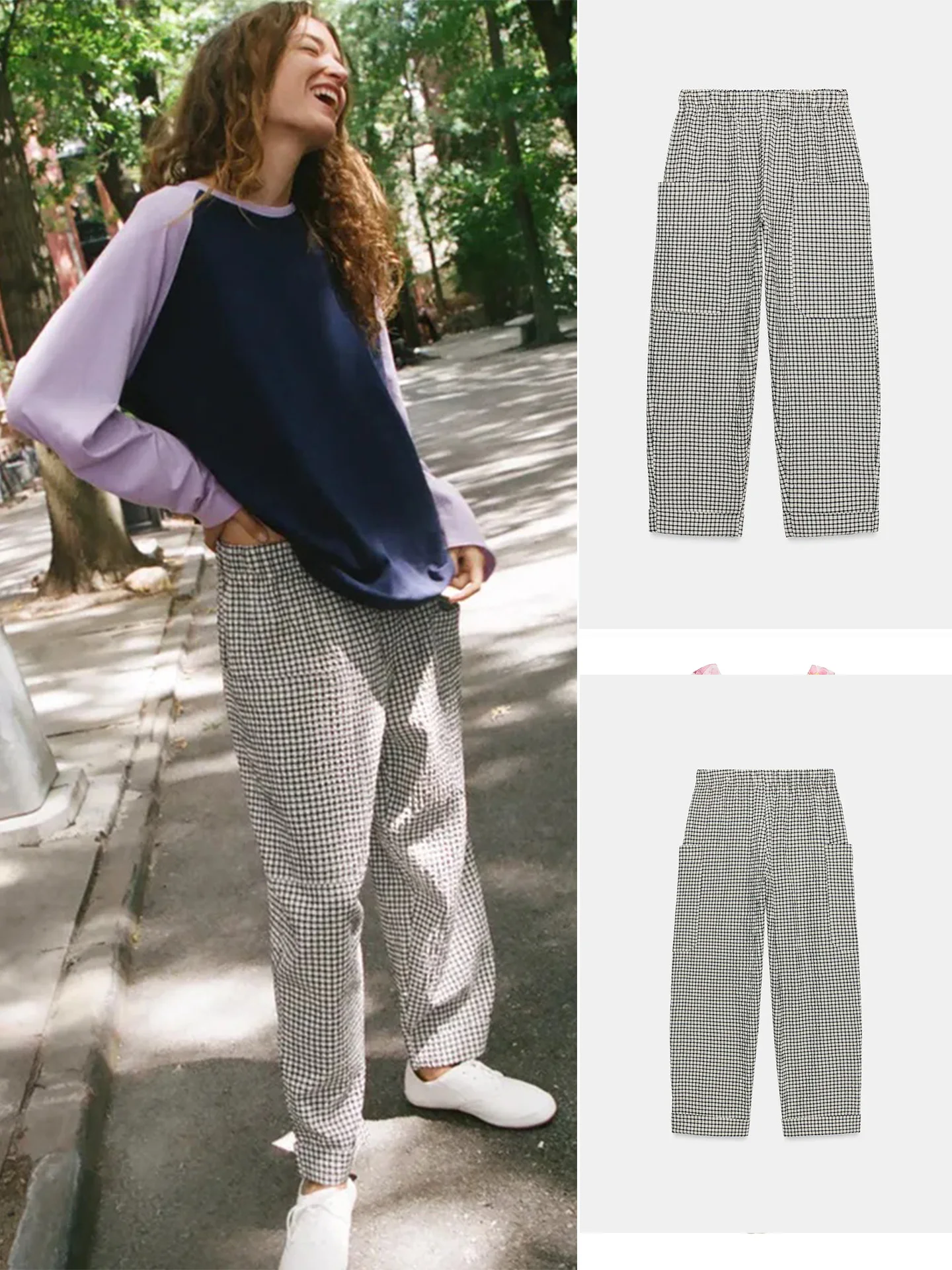 Autumn New Arrival Women's Casual Elastic Mid-Waist Cuffed Long Plaid Pants Layered Decorative Straight Leg Polyester Fiber
