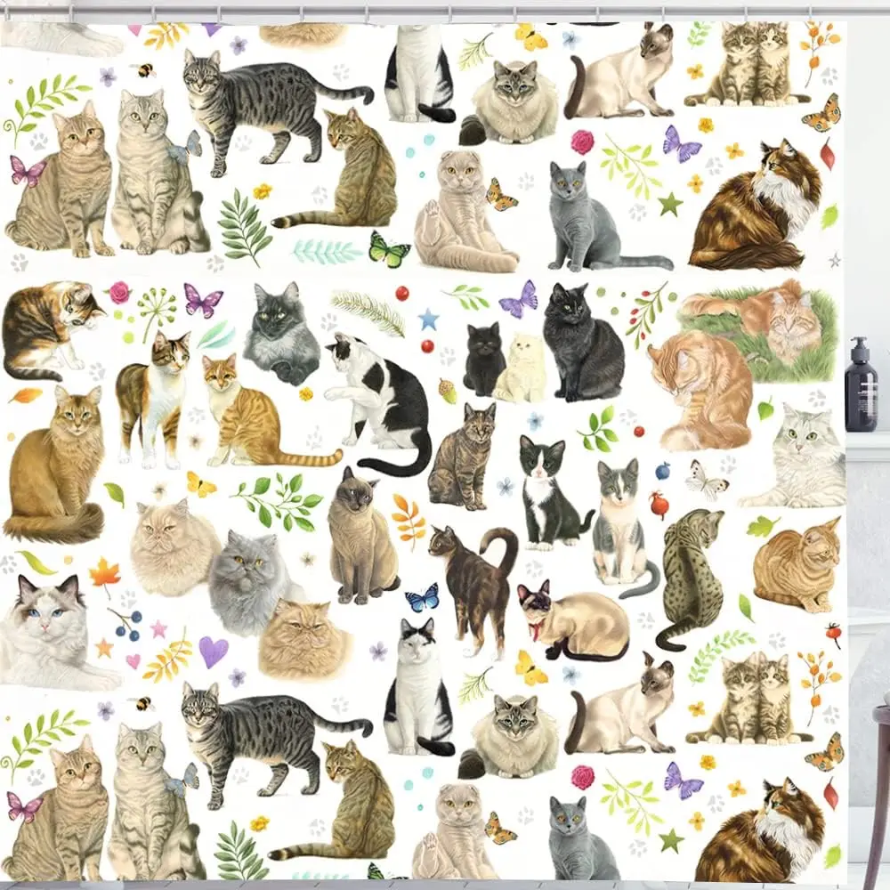 

Cat Shower Curtain for Bathroom with Hooks, Cute Cartoon Colorful Kitty with Pets Paw for Cat Lovers Gift for Kids Girls Novelty