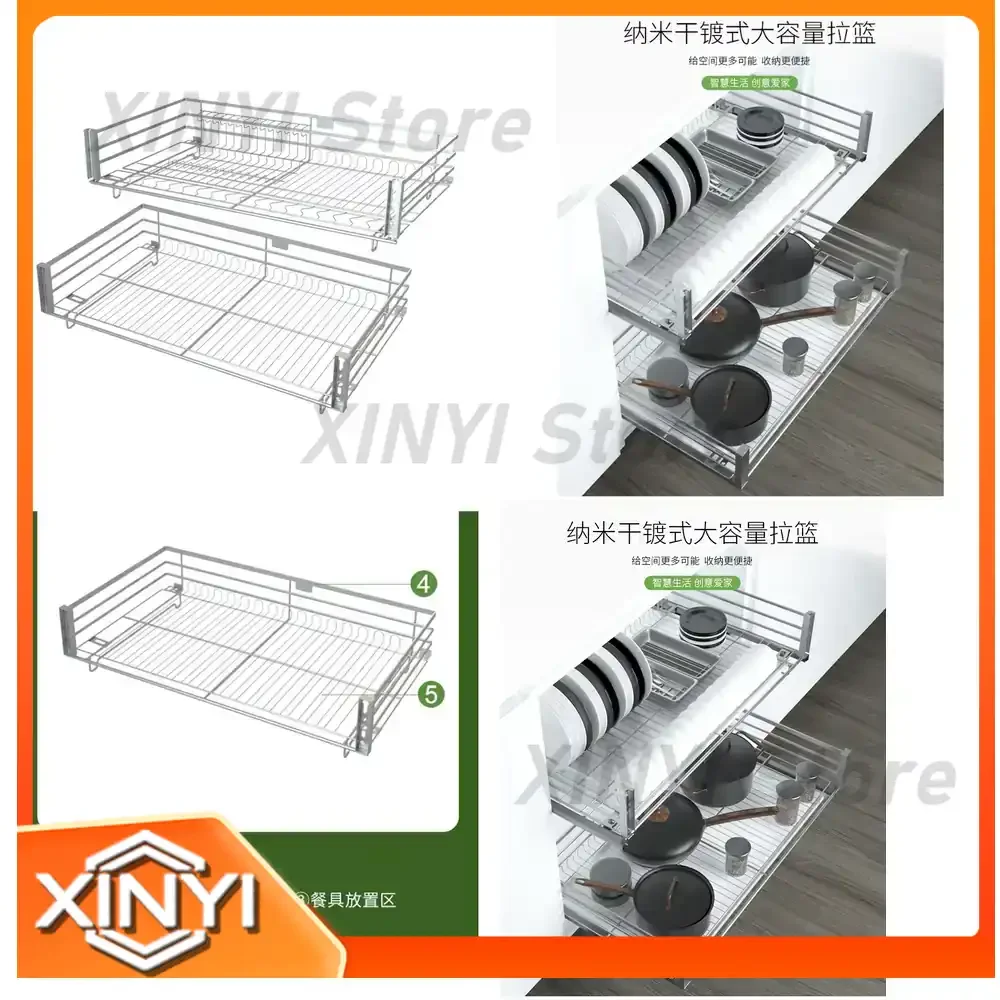 Pull Basket for Kitchen Cabinet Nano Dry Plating Dish Basket Double Layer Bowl Rack Drain Rack Drawer Storage Organizer