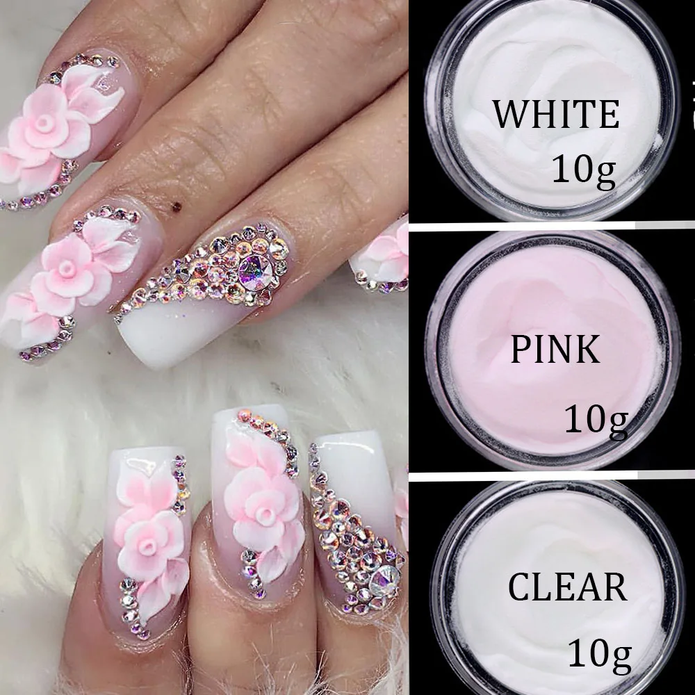 Polvo acrílico profesional de 3 colores Net10g nail Art, polvo acrílico constructor de puntas de polímero rosa/Blanco/polvos acrílicos transparentes y * &