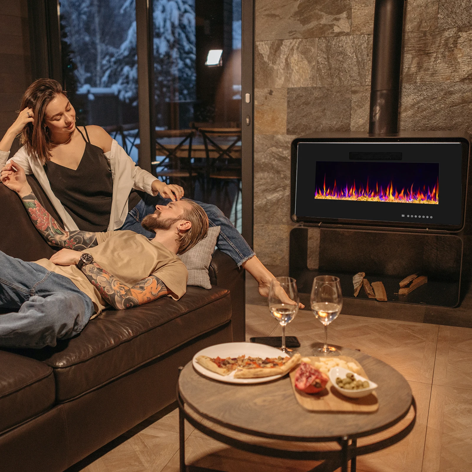 68" Recessed & Wall Mounted Electric Fireplace,Ultra thin & Low Noise,Touch Screen Remote Control,Unique Flame Design