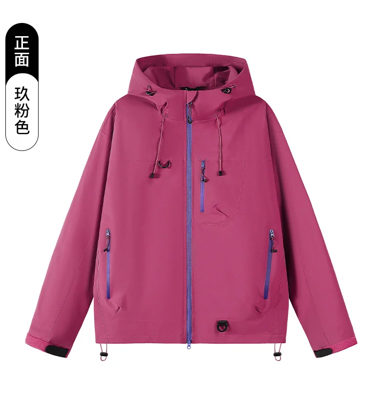 Leichte, wasserdichte Damen-Windjacke mit Kapuze, mehreren Reißverschlusstaschen, für Outdoor-Aktivitäten, Wandern und Freizeit. – Detail 3