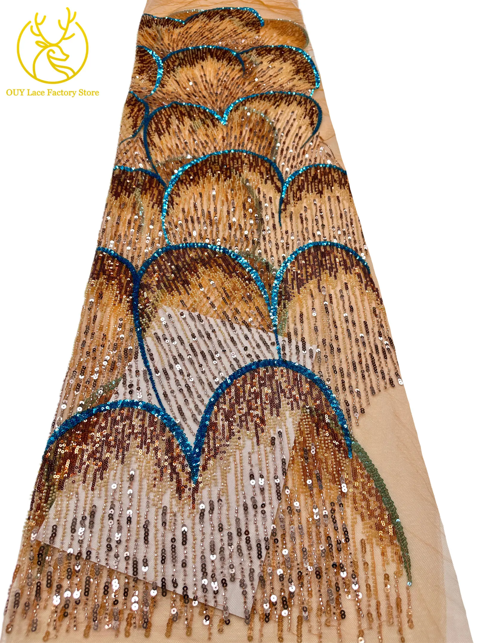 5 Yards afrikanischer Perlen-Pailletten-Spitzenstoff, hochwertiger, exquisiter nigerianischer Tüll-Mesh-Spitzenstoff zum Nähen von Hochzeitskleidern – Detail 22
