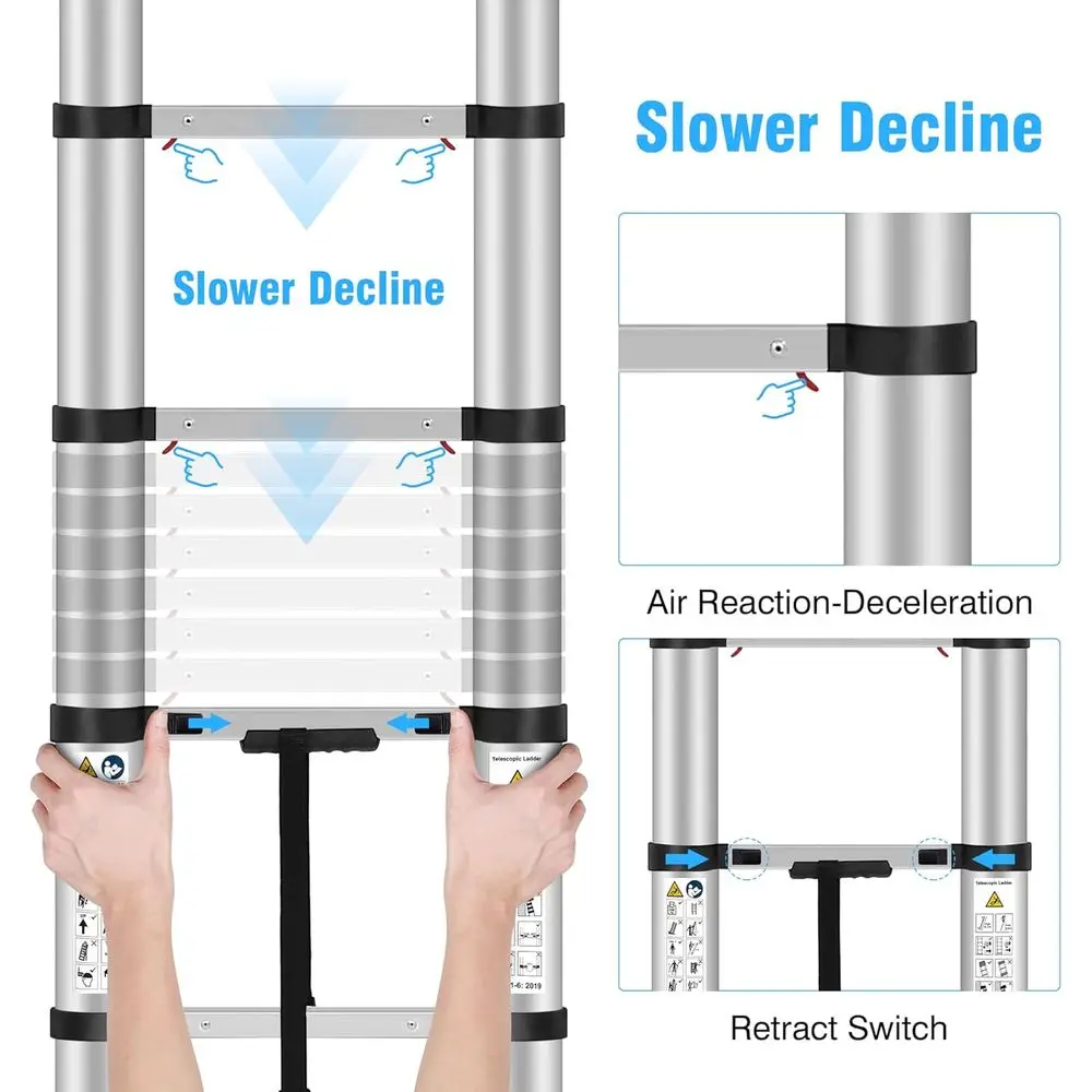 Collapsible 15.5FT Aluminum Ladder with One-Touch Retraction, 330lbs Capacity, for Home, RV, and Attic Use