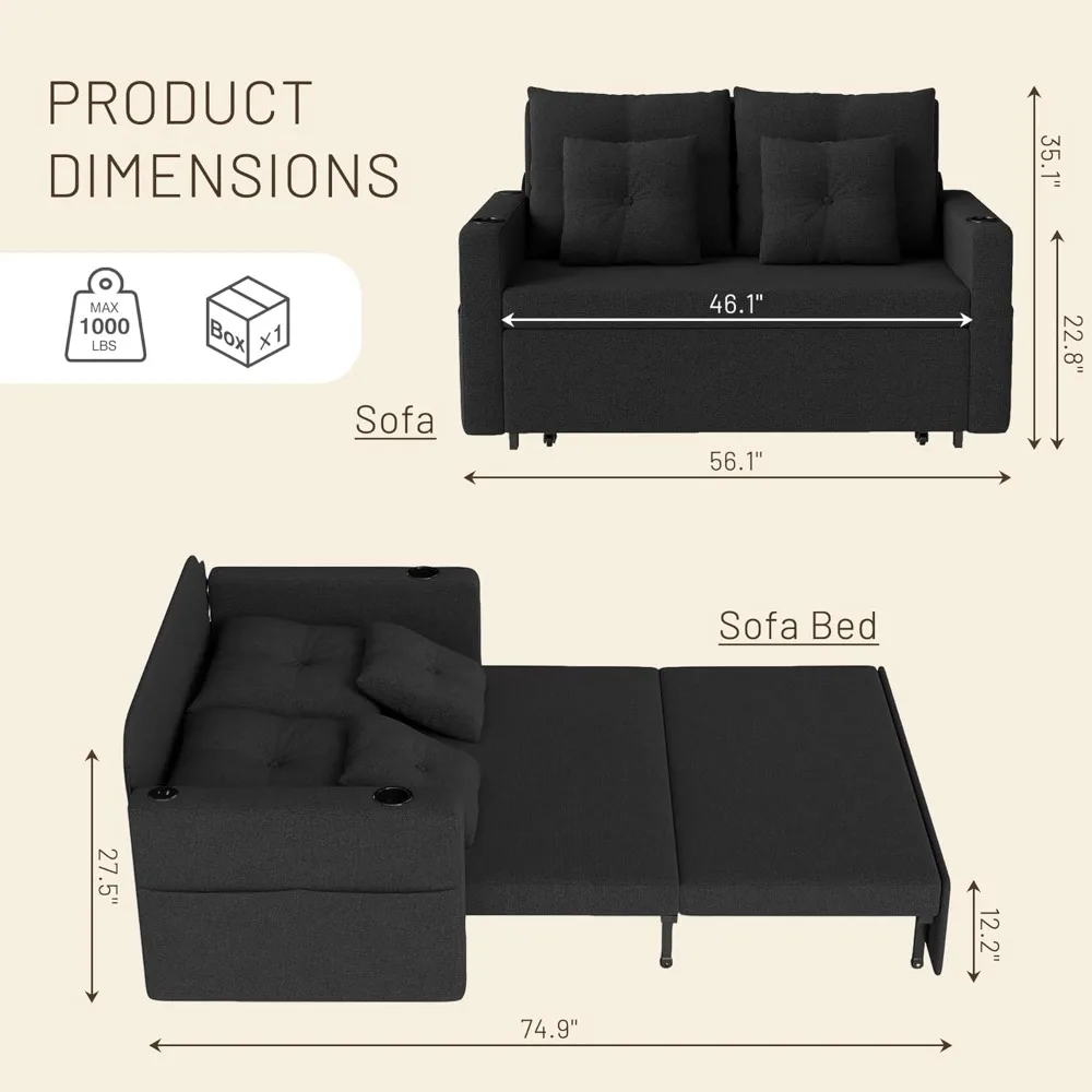 Convertible Couch Bed with Cup Holders and USB Port, 56 Inch Loveseat Sleeper Sofa for Living Room and Bedroom Use
