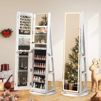 Armoire à bijoux sur pied avec miroir pleine longueur, armoire à bijoux, étagères de rangement arrière, 360 °