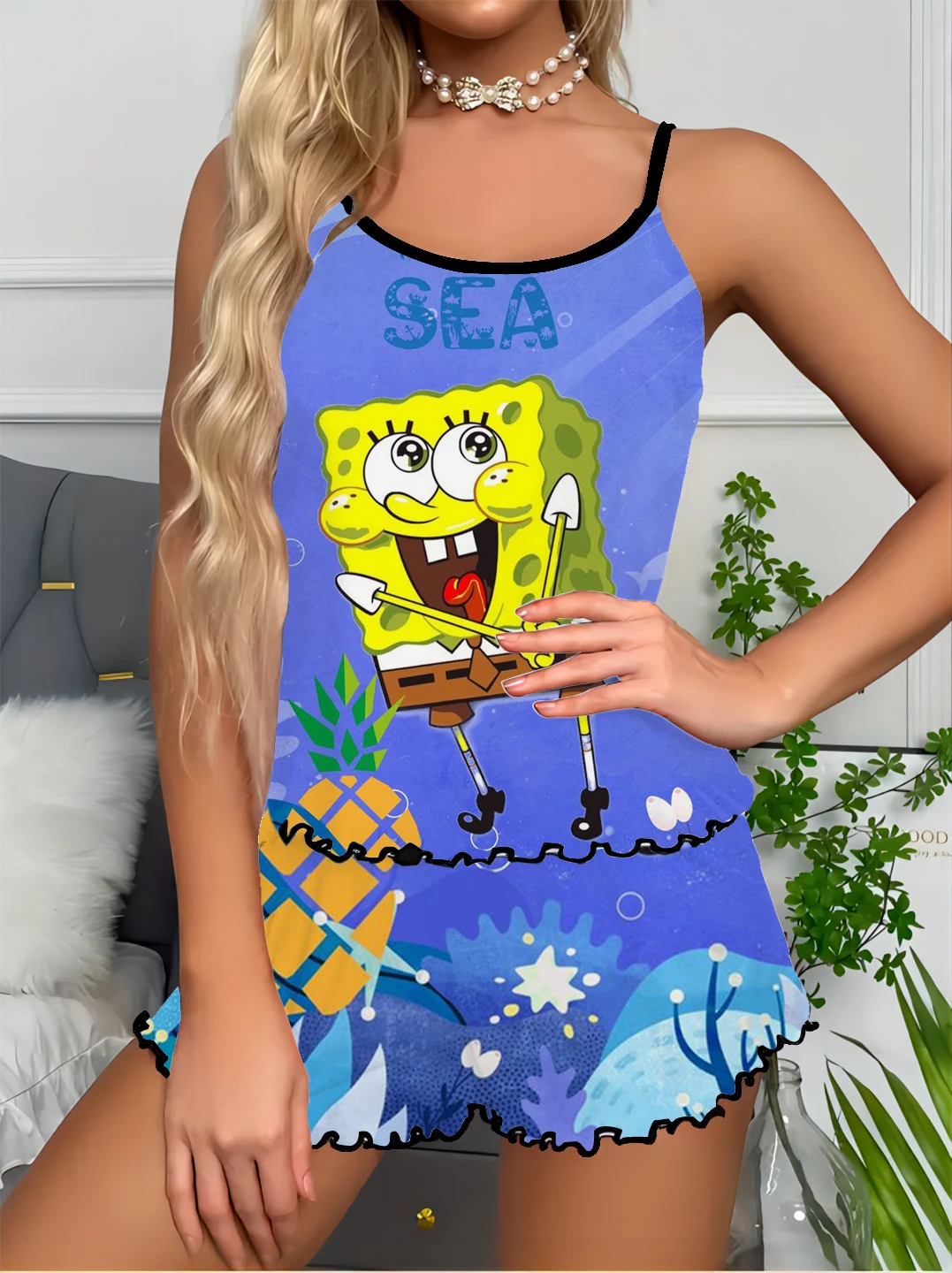 

women summer sexy new 2024 women silk satin pajamas set sexy spongeBob series print slim simple suspender set