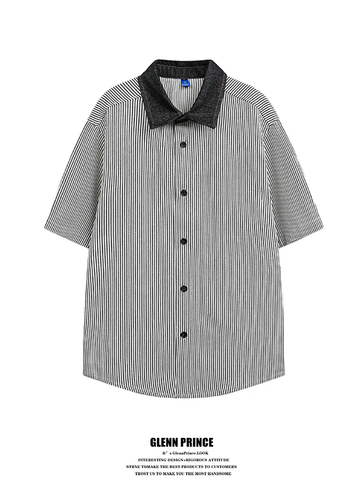 

GPstudio American Retro Patchwork Neck Stripe Men's Summer Trend Loose Casual Half Sleeve Shirt Breathable Skin-friendly
