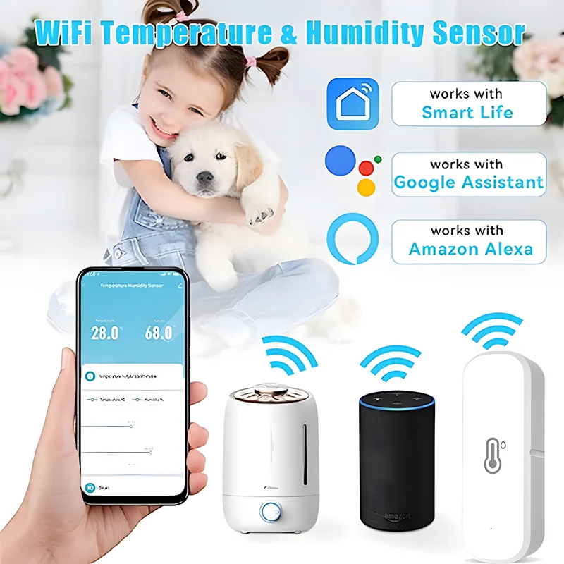 AUBESS-Sensor inteligente de temperatura y humedad para el hogar, dispositivo con WiFi, a través de Alexa, asistente de Google, Monitor remoto