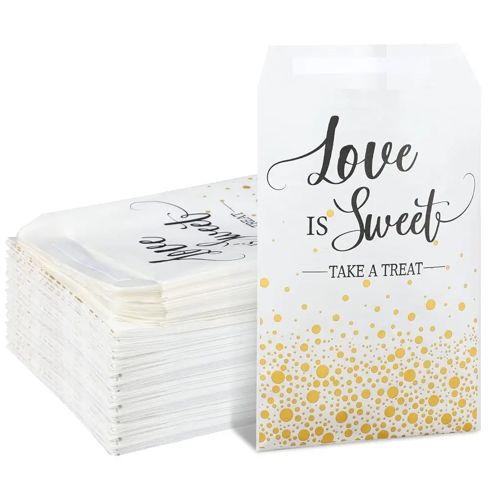 

300 Pcs Wedding Favor Candy Buffet Bags 5 X 7 H Self Adhesive Wedding Treat Bags Love Is Sweet Take A Treat Cookie Gold Dots