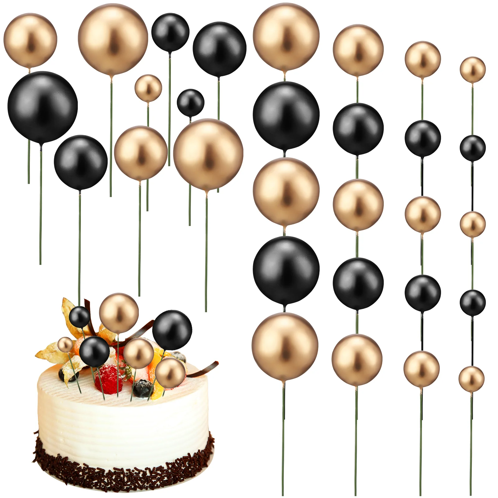 

30 Pcs Cake Topper Balls Mixed Gold and Silver Decorative Inserts Plug-in Happy Birthday Toppers Metal