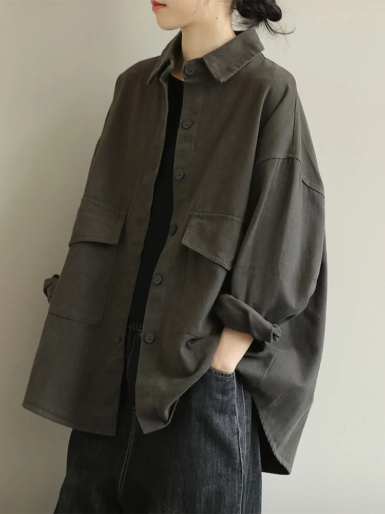 

Women's Loose Fit Long Sve Cotton Workwear irt Vintage Sle Outerwear Collar Button Detail Artistic Commute Sle